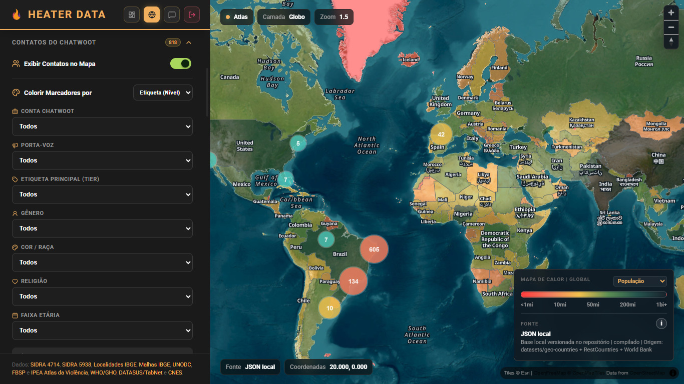 Mapa mundial de onde os contatos estão cadastrados